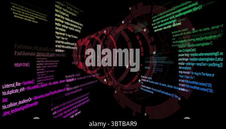 Rotating red circular interface hovering in cyber dashboard, with floating code and glowing nodes Stock Photo