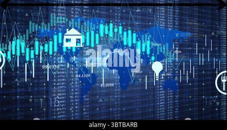 Displaying world map financial chart with candlestick bars and sector icons on trading interface Stock Photo