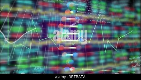 Displaying neon-green line graph moving across stock market dashboard, with colored circular nodes Stock Photo