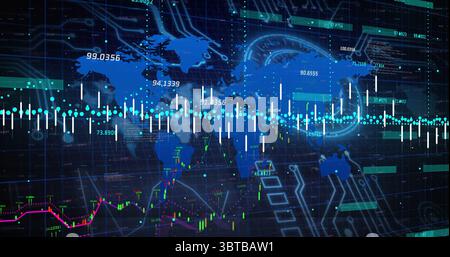 Displaying world map streaming numbers on circuit grid, with cyan lines and candlestick charts Stock Photo