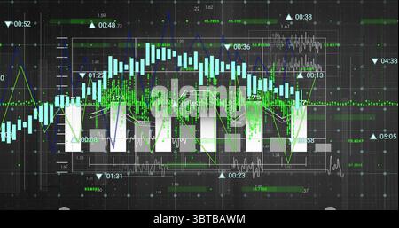 Displaying data chart on analytics dashboard, with green bars, blue line graph and grid overlay Stock Photo