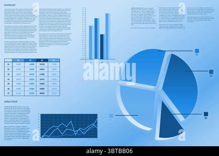 Flat design dashboard is showing data table, bar chart, 3D pie chart and line graph Stock Photo