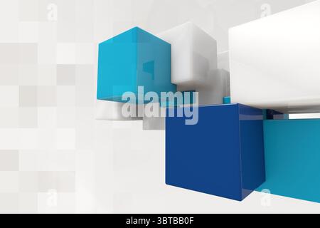 Cubes are floating in 3D render with pale square grid backdrop and interlocking blue white geometry Stock Photo