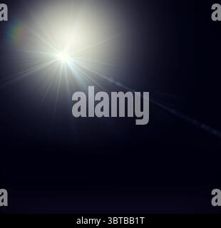 Showing vector bright white lens flare starburst at left radiating beams across dark navy gradient Stock Photo
