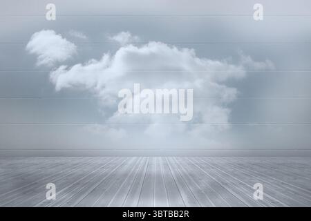 Floating fluffy cloud adding contrast to grey floor and light-grey brick wall, flat design Stock Photo