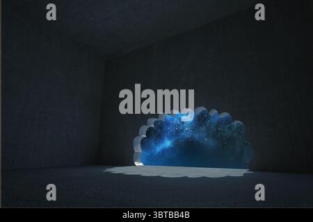 Flat design is showing scalloped portal revealing starry nebula in dark concrete chamber with glow Stock Photo