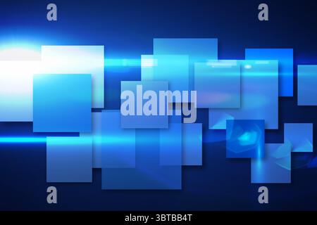 Flat design showcasing overlapping translucent blue shapes with glowing streaks and lens flares Stock Photo