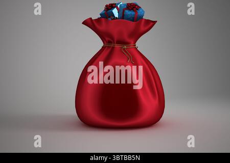 Red satin gift sack is featuring rope, blue ribboned boxes in vector on gray gradient backdrop Stock Photo