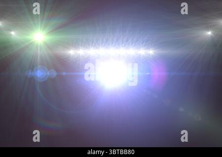 Bright lens flare is featuring white beams, green starburst and halos in dark 3D render background Stock Photo
