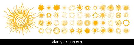 Large set of yellow suns. The sun objects are beautiful hand drawn. Not AI, Vector illustration Stock Vector