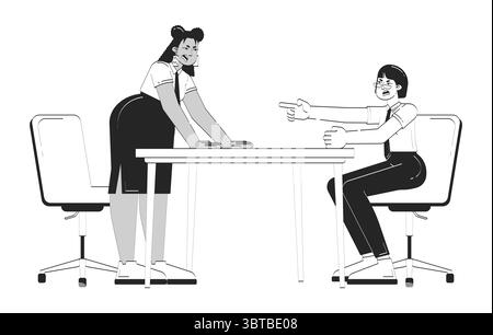 Workplace conflict between colleagues at meeting table doodle linear characters Stock Vector