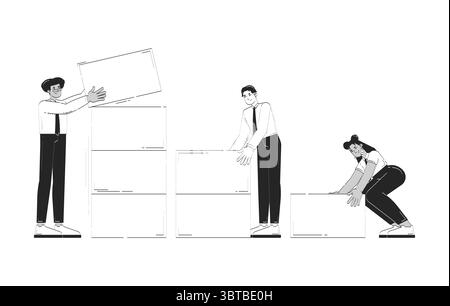 Data analytics team building dataset doodle line illustration concept Stock Vector