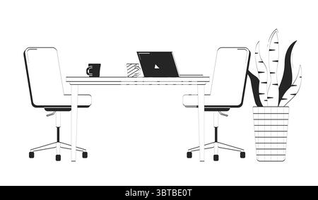 Office setup with laptop and coffee mugs doodle linear object Stock Vector