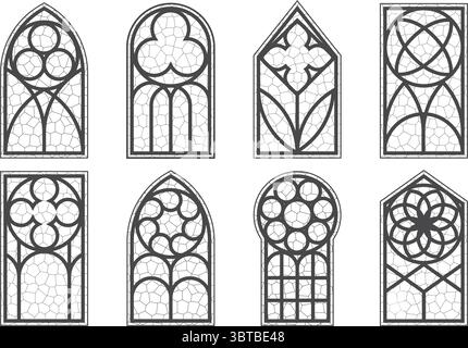 Gothic church windows with arched frames and stained glass. Medieval vintage pattern. Cathedral architecture decorations geometric ornaments Stock Vector