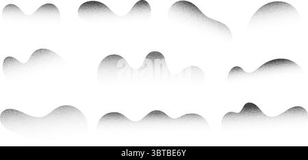 Grainy dotted abstract shapes on white background. Noisy gradient with black stipple shadow. Vector liquid figures with dotted fade. Dusty spots with Stock Vector
