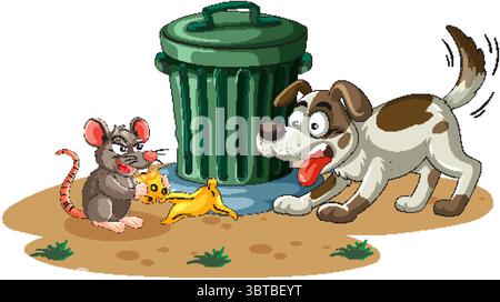 Cartoon-style vector illustration of a dog encountering a mouse eating cheese beside a green trash bin, with bright colors and playful expressions Stock Vector