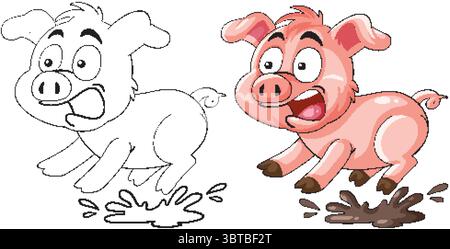 A cartoon pig energetically jumps into a mud puddle, showcasing vibrant colors and dynamic movement in a vector style Stock Vector