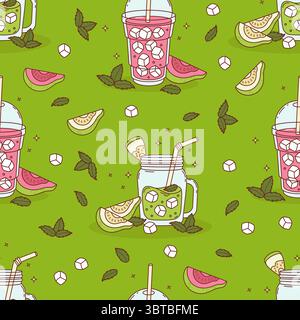 Seamless Pattern with Guava Drink smoothie on Green Background with tropical Pink, white Fruit slices and Mint leaves. Summer Refreshing Cocktail. Vec Stock Vector