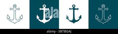Set of nautical anchor icons in flat and line art stiles. Sea anchor with outline and silhouette of icon design templates. Vector Illustration Stock Vector