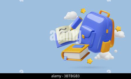 Education and study background with blue school bag books and pencil with stars and clouds Stock Vector