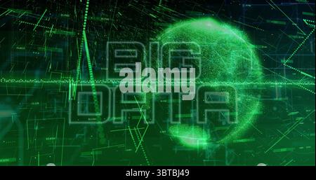 Showing glowing wireframe globe with BIG DATA text on data interface with grid lines, data streams Stock Photo