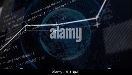 Displaying holographic globe rotating in digital interface, with code snippets and vector lines Stock Photo