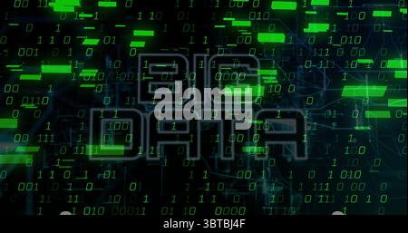 Streaming Big Data text through digital matrix, with green binary digits, neon bars, network lines Stock Photo
