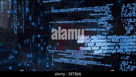 Displaying floating code overlay in cybersecurity dashboard, with glowing wireframe mesh and nodes Stock Photo