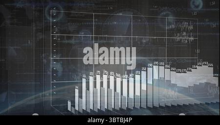 Displaying 3D bar chart highlighting numerical height labels in data dashboard with radar overlays Stock Photo