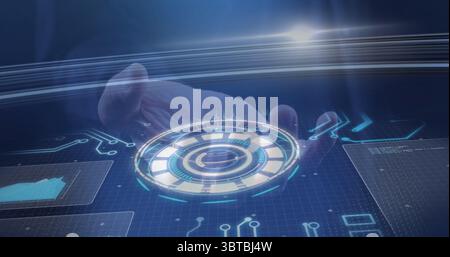 Extending male right hand using circular holographic interface in virtual space, with data panels Stock Photo