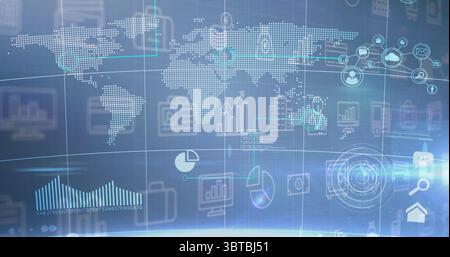 Displaying map overlay on corporate dashboard, with bar chart, folder, cloud and magnifier icons Stock Photo