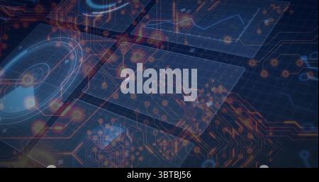 Animating circuit network floating in digital interface, featuring glowing nodes and circuit traces Stock Photo