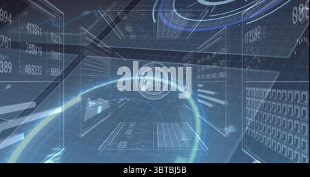 Floating central holographic data display showing numeric readouts in cyberspace, with glowing arcs Stock Photo
