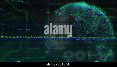 Displaying dotted globe at right of data view, showing waveform, circuits and numbers, copy space Stock Photo