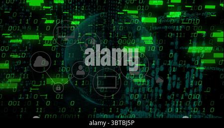 Showing wireframe globe linking icons and code fragments in cyberspace, with streaming binary code Stock Photo