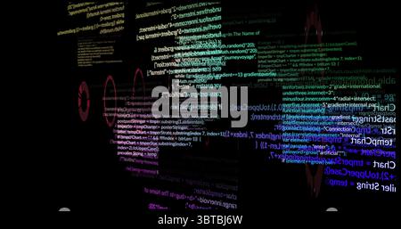 Projecting holographic code panels and code text floating in digital void, showing syntax elements Stock Photo