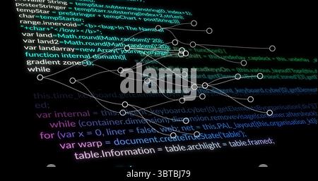 Displaying code and network graph on monitor, with JavaScript loops white nodes and curved lines Stock Photo