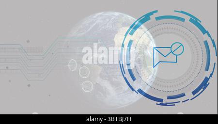 Displaying blue circular HUD graphic with envelope icon at network interface, highlighting globe Stock Photo