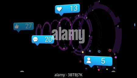 Displaying purple circuit rings receding into black space, with four blue bubble icons and confetti Stock Photo