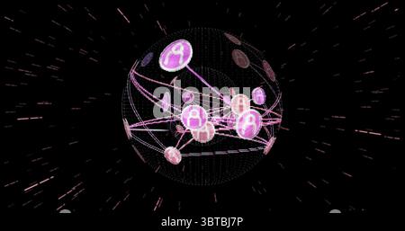 Floating wireframe globe in space, connecting glowing nodes with person icons and light streaks Stock Photo