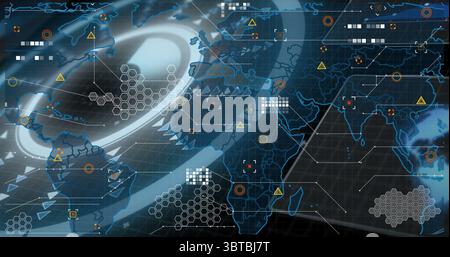Map interface displaying overlays on control screen, with hexagonal grid, warning icons and lines Stock Photo