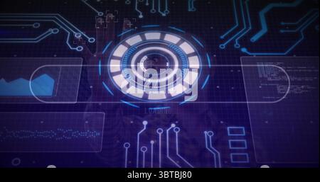 Displaying central circular loading interface with segmented rings at control hub with data panels Stock Photo