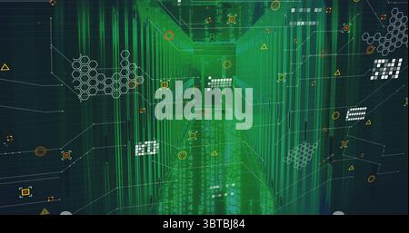 Receding corridor in network with binary code streams, circuit lines, data nodes and numeric panels Stock Photo