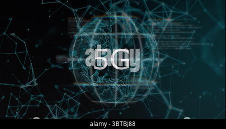 Highlighting bold 5G lettering over wireframe globe in abstract digital network, glowing nodes Stock Photo
