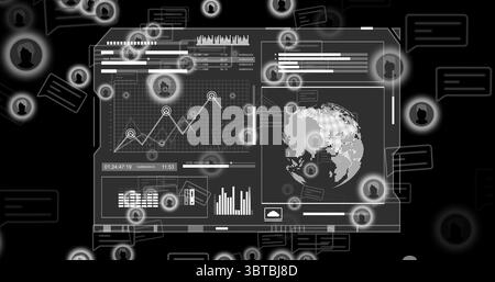Displaying translucent dashboard floating in interface, with line graph world map and cloud icon Stock Photo