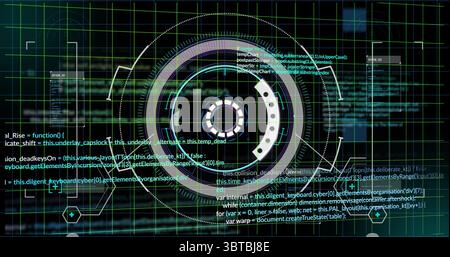 Displaying central HUD reticle showing concentric rings in interface with grid lines, arcs and code Stock Photo