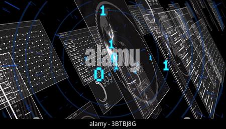 Floating interface panels showing binary digits, circular gauges and tabular grids in digital space Stock Photo