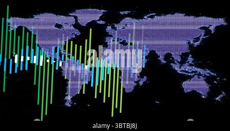 Displaying world dot map with gridlines on panel, featuring green, light-green, blue and white bars Stock Photo