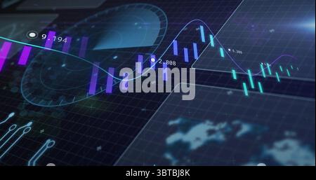 Displaying purple cyan candlesticks in trading dashboard, with teal trend line labels map panel Stock Photo