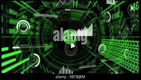 Spiraling tunnel displaying central circular interface in cyberspace, with concentric ring charts Stock Photo